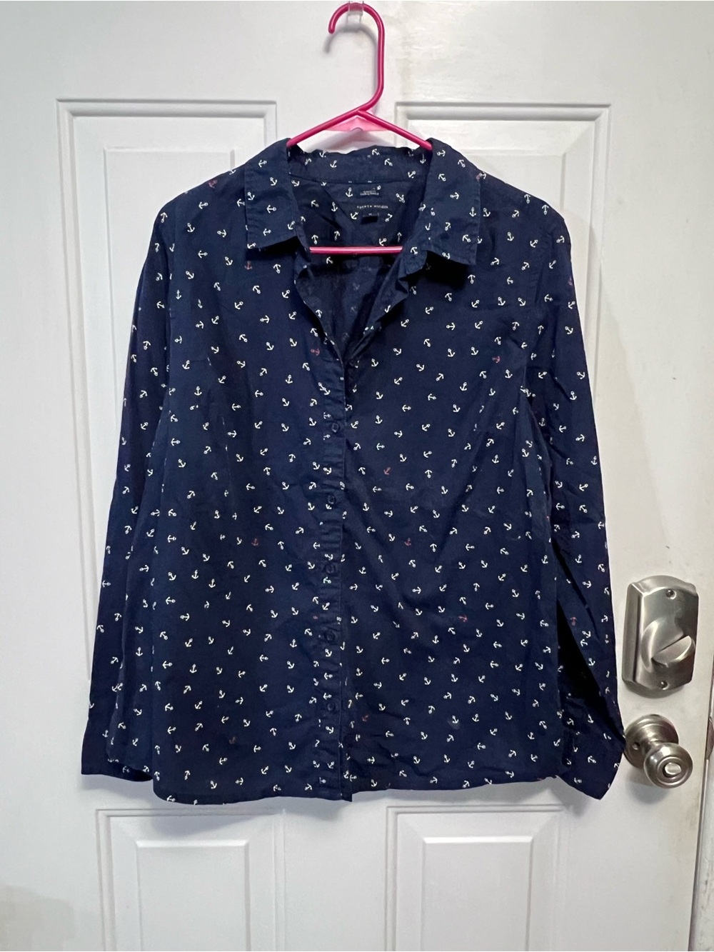 Tommy Hilfiger XL Navy Anchor Print Button Front Shirt 100% Cotton Nautical